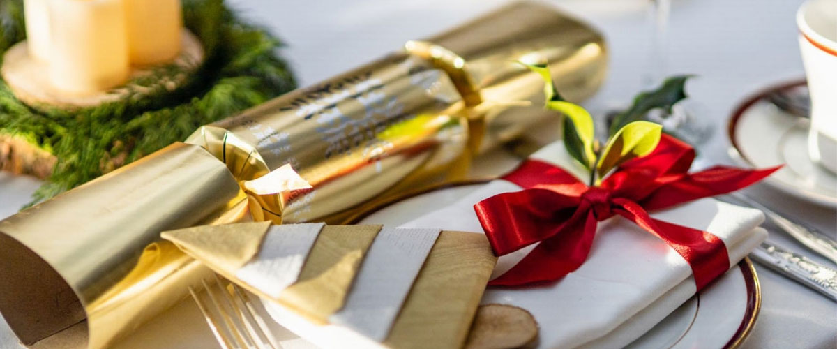 Festive Crackers and table setting at Muncaster Castle