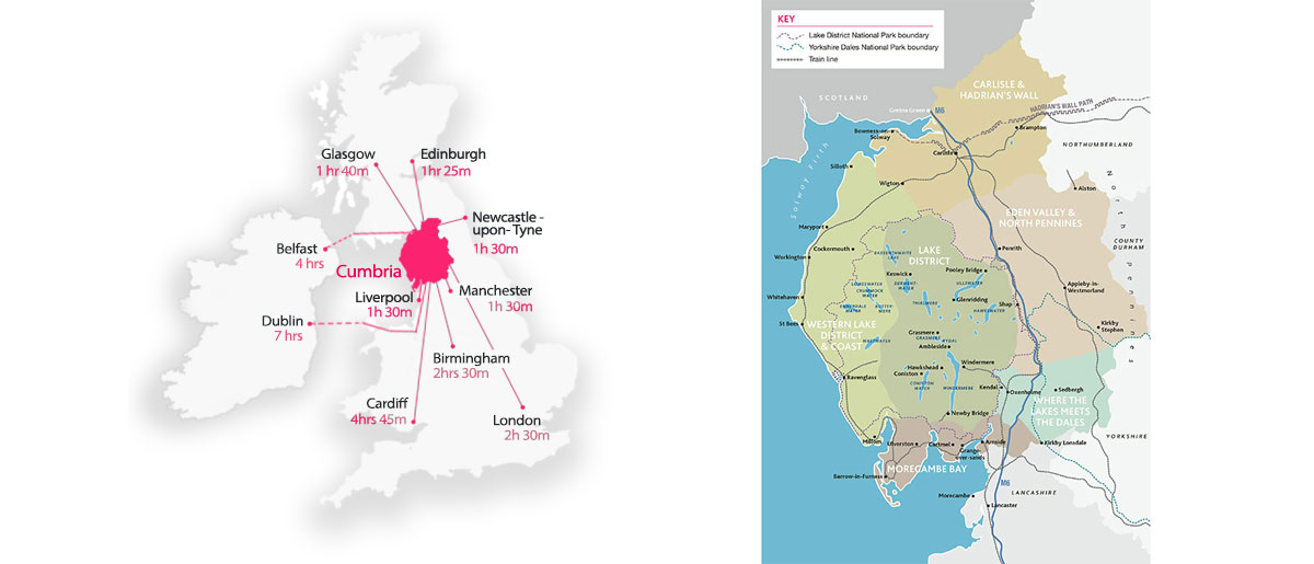 Map showing the location of Cumbria within the UK, including travel times from other major cities; second map showing Cumbria and regions within, including train lines and National Park boundaries