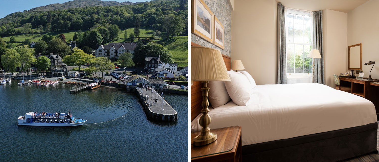 Windermere Lake Cruise aerial view and Bedroom at the Temperance Inn in Ambleside, Lake District